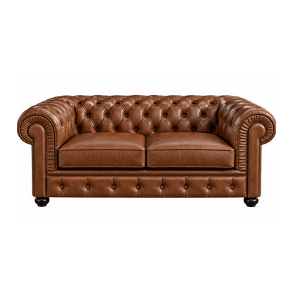 Brown two seater sofa with capitonné button tufting and classic rolled arms
