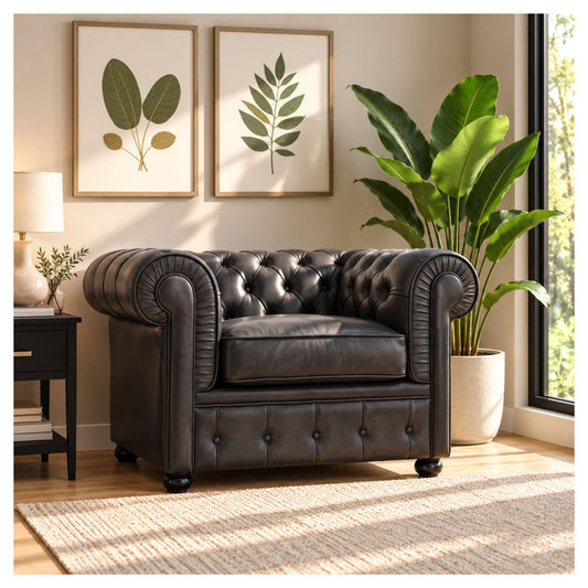 Brown leather Chesterfield armchair with deep button tufting and rolled arms in a bright living room