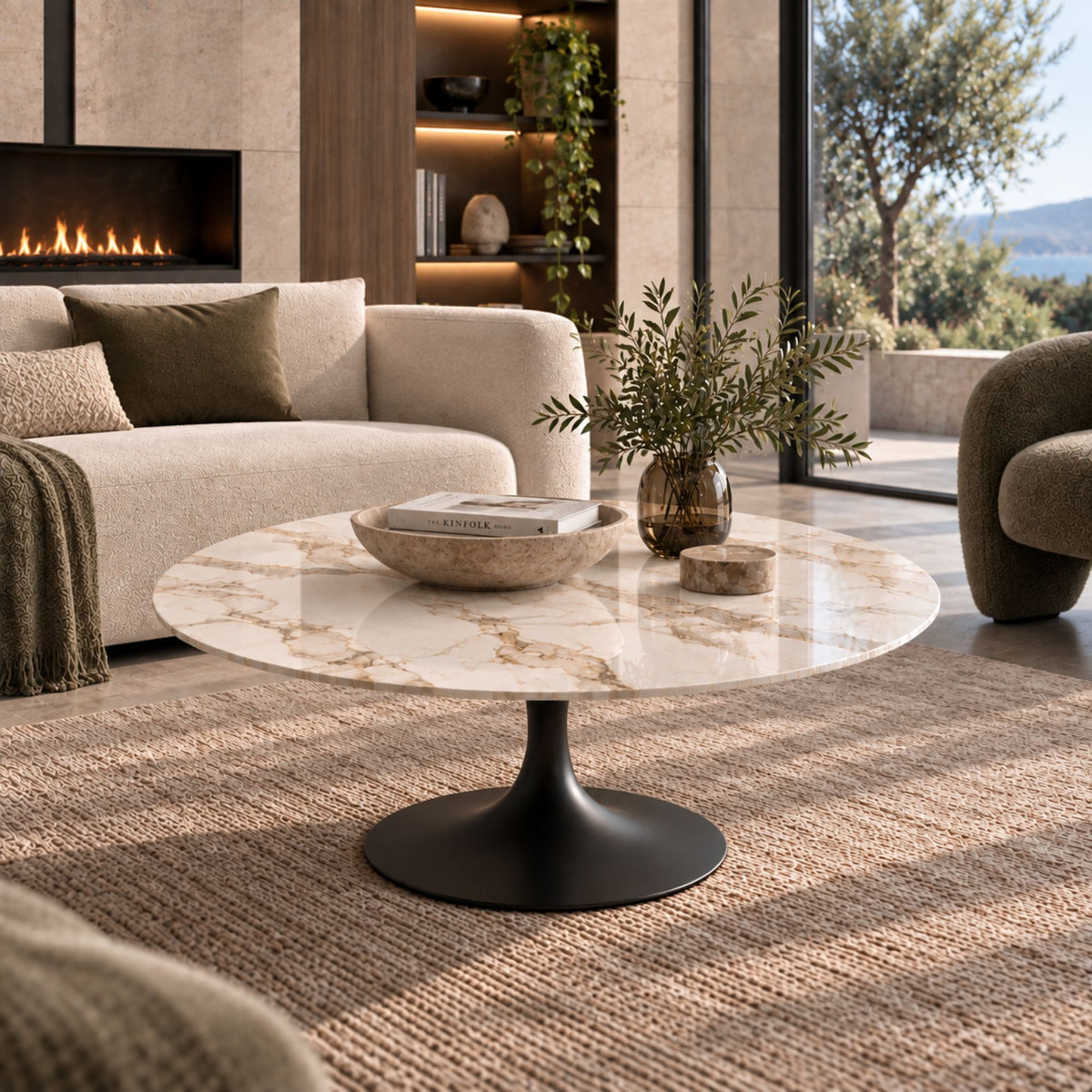 Calacatta Gold marble-effect oval Tulip coffee table with a black pedestal base styled in a luxury modern living room with contemporary décor and natural daylight.