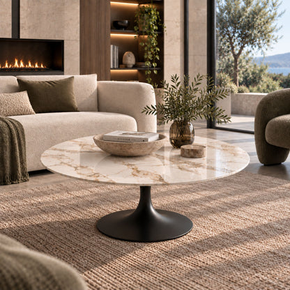 Calacatta Gold marble-effect oval Tulip coffee table with a black pedestal base styled in a luxury modern living room with contemporary décor and natural daylight.