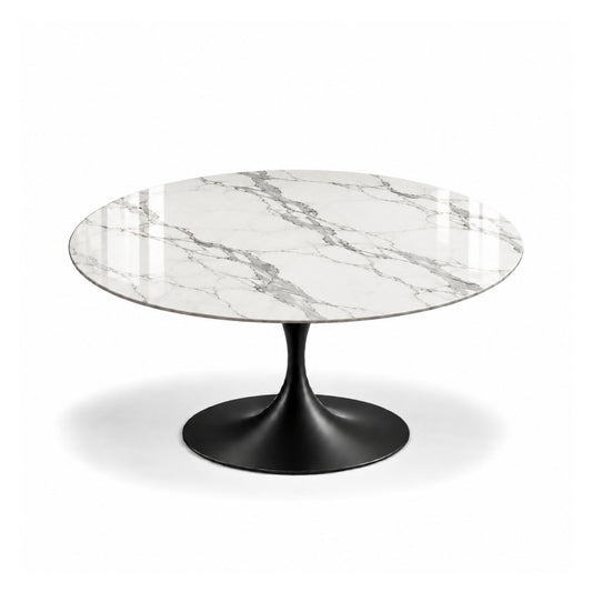 Calacatta Noir Tulip coffee table featuring a polished Calacatta marble tabletop with elegant grey veining and subtle gold accents, paired with a glossy black tulip pedestal base. A sophisticated coffee table for luxury modern, contemporary, Scandinavian, and mid-century living room interiors.