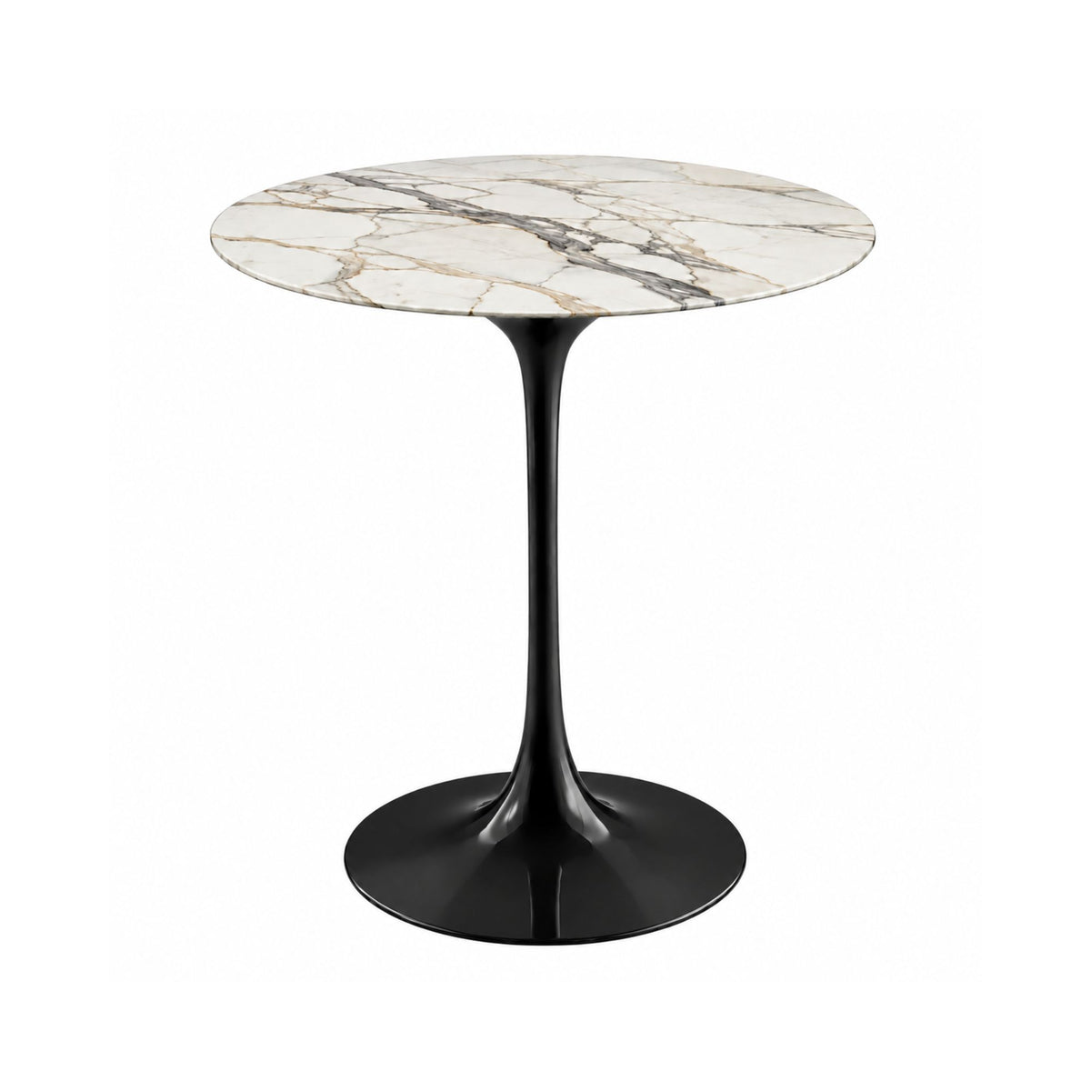 Calacatta Noir Tulip side table featuring a polished Calacatta marble tabletop with elegant grey and gold veining, paired with a sleek black tulip pedestal base. A luxury Italian designer side table for modern, contemporary, Scandinavian, and mid-century living room interiors.