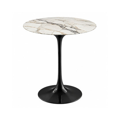 Calacatta Noir Tulip side table featuring a polished Calacatta marble tabletop with elegant grey and gold veining, paired with a sleek black tulip pedestal base. A luxury Italian designer side table for modern, contemporary, Scandinavian, and mid-century living room interiors.