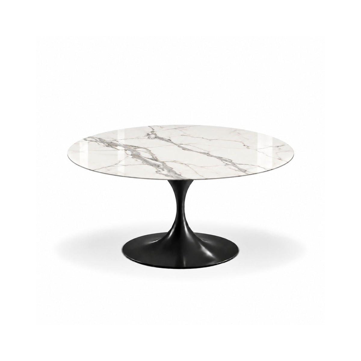 Calista Tulip coffee table featuring a polished Calacatta marble tabletop with elegant grey veining and a glossy black tulip pedestal base, ideal for luxury modern, contemporary, Scandinavian, and mid-century living room interiors.