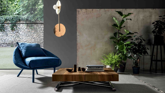 Calypso space-saving transforming coffee table by Altacom with thick old oak wood top and polished chrome base in a modern living room