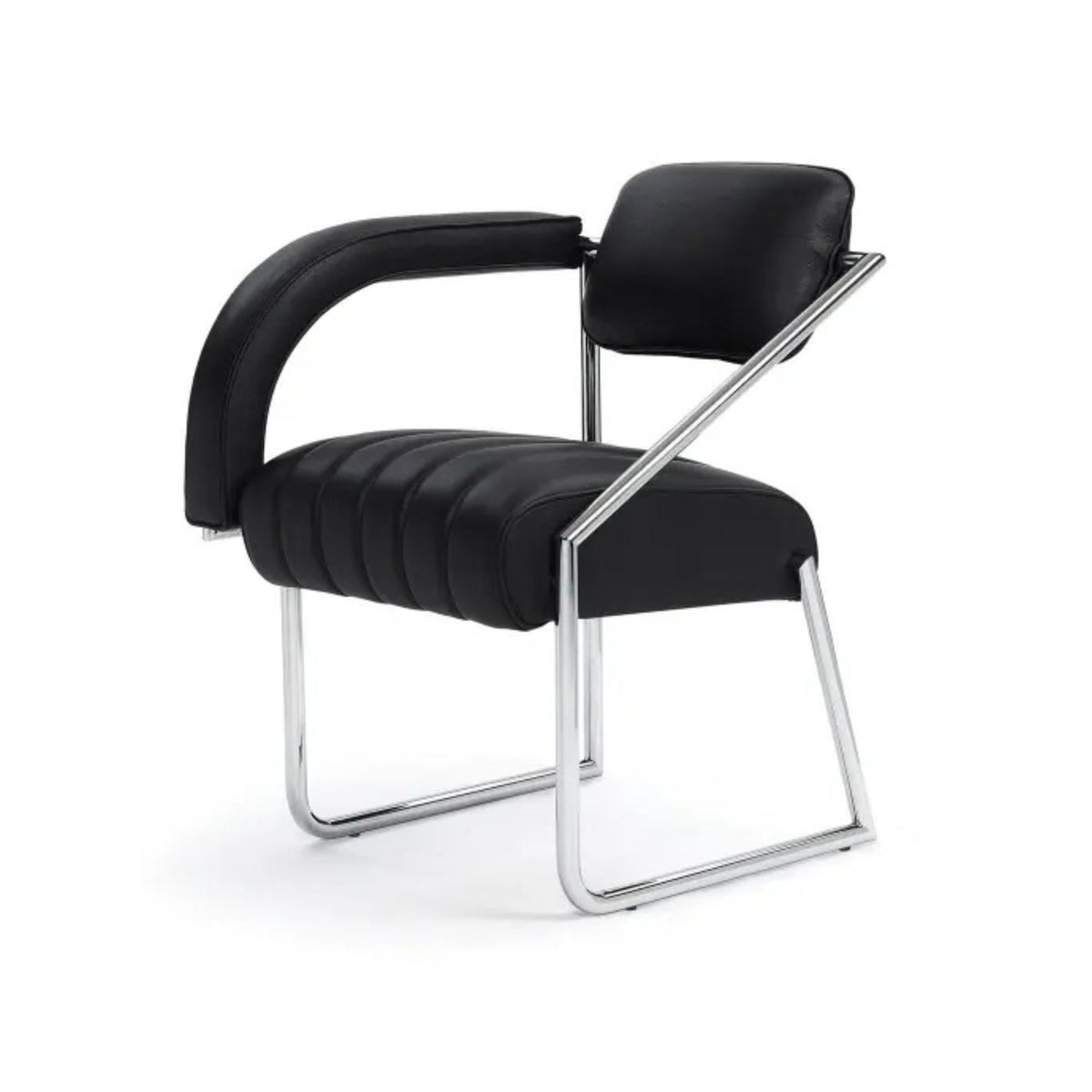 Modern cantilever armchair upholstered in black leather with a polished chrome tubular steel frame, featuring a ribbed seat, curved padded armrest and minimalist Bauhaus-inspired design for luxury dining rooms, offices and contemporary interiors.