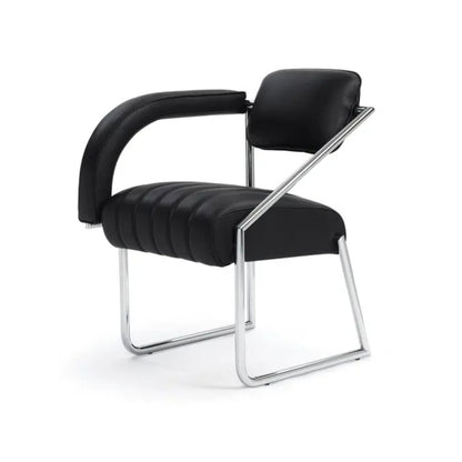 Modern cantilever armchair upholstered in black leather with a polished chrome tubular steel frame, featuring a ribbed seat, curved padded armrest and minimalist Bauhaus-inspired design for luxury dining rooms, offices and contemporary interiors.