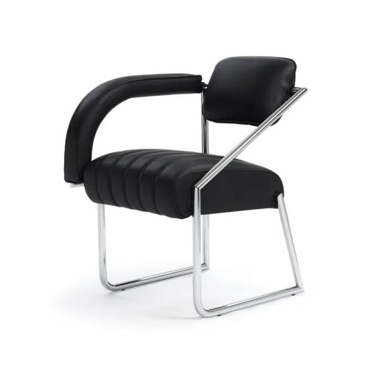 Modern cantilever armchair upholstered in black leather with a polished chrome tubular steel frame, featuring a ribbed seat, curved padded armrest and minimalist Bauhaus-inspired design for luxury dining rooms, offices and contemporary interiors.