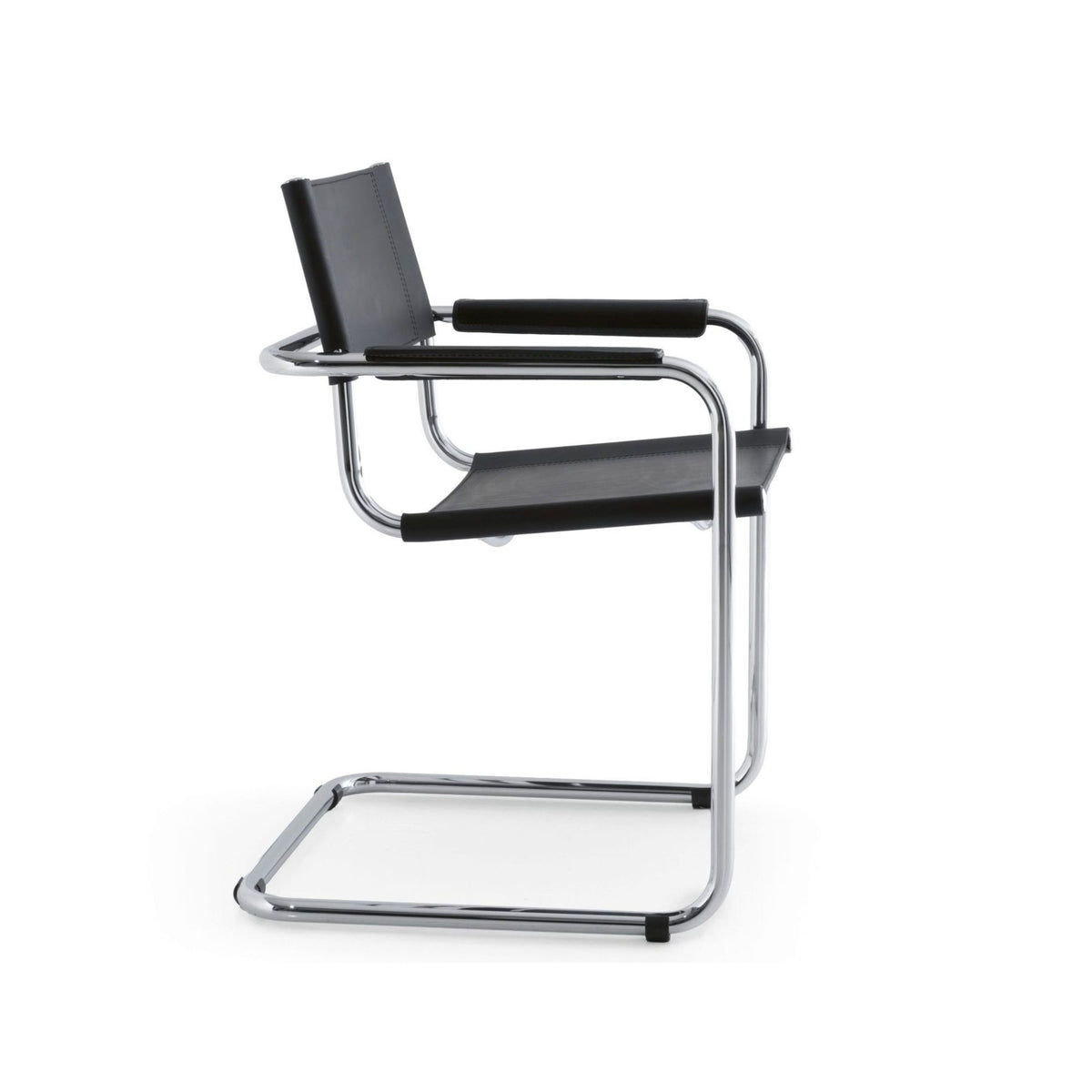 Modern cantilever armchair with black leather upholstery, padded armrests and a polished chrome tubular frame on a white background.