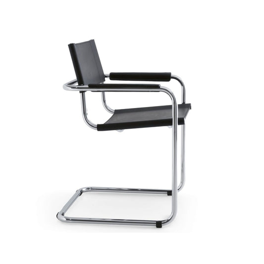 Modern cantilever armchair with black leather upholstery, padded armrests and a polished chrome tubular frame on a white background.