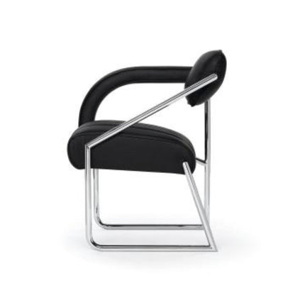 Side view of a modern cantilever armchair upholstered in black leather with a polished chrome tubular steel frame, featuring a curved padded armrest, floating seat and minimalist Bauhaus-inspired design for luxury dining rooms, offices and contemporary interiors.