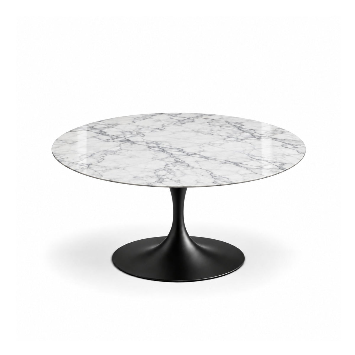 Carrara Noir Tulip coffee table featuring a polished Carrara marble tabletop with elegant soft grey veining and a glossy black tulip pedestal base, ideal for luxury modern, contemporary, Scandinavian, and mid-century living room interiors.