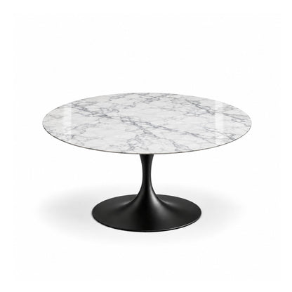 Carrara Noir Tulip coffee table featuring a polished Carrara marble tabletop with elegant soft grey veining and a glossy black tulip pedestal base, ideal for luxury modern, contemporary, Scandinavian, and mid-century living room interiors.