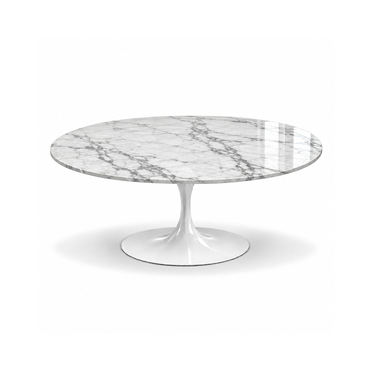 Carrara Tulip coffee table featuring a polished white Carrara marble tabletop with elegant grey veining and a white tulip pedestal base, perfect for luxury modern, contemporary, and mid-century living room interiors.