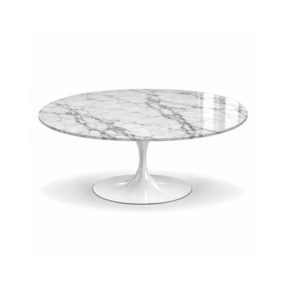 Carrara Tulip coffee table featuring a polished white Carrara marble tabletop with elegant grey veining and a white tulip pedestal base, perfect for luxury modern, contemporary, and mid-century living room interiors.