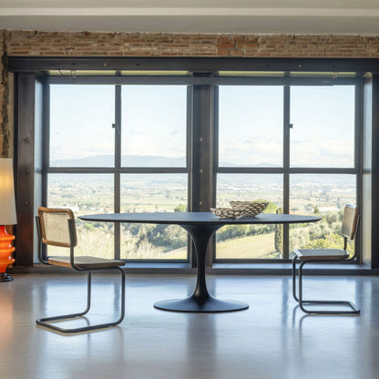 Marcel Breuer Cesca cane dining chair featuring a natural woven cane seat and back with a black frame and cantilever tubular steel base in a modern dining room overlooking large windows.
