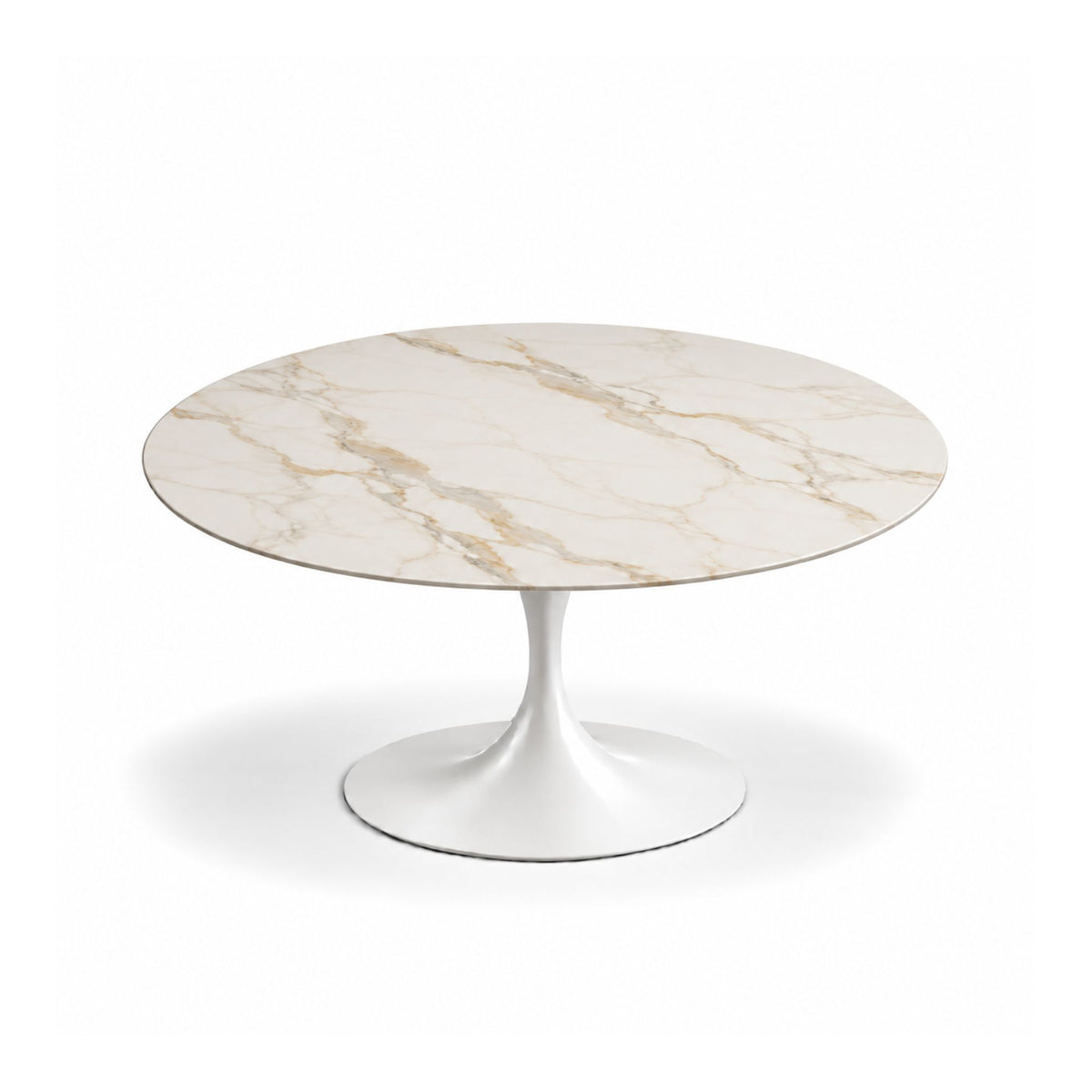 Champagne Calacatta Tulip coffee table featuring a polished Calacatta Oro marble tabletop with elegant champagne gold and soft grey veining, paired with a glossy white tulip pedestal base.