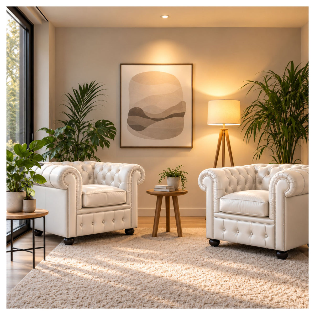 Chesterfield style armchair in a softly lit living room with neutral furnishings