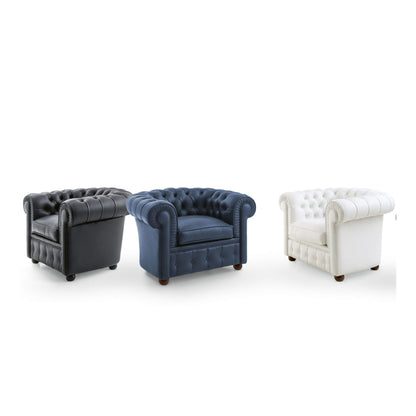 Chesterfield leather armchair collection featuring black, navy blue, and white finishes with deep button tufting, rolled arms, and timeless British-inspired craftsmanship for luxury living rooms