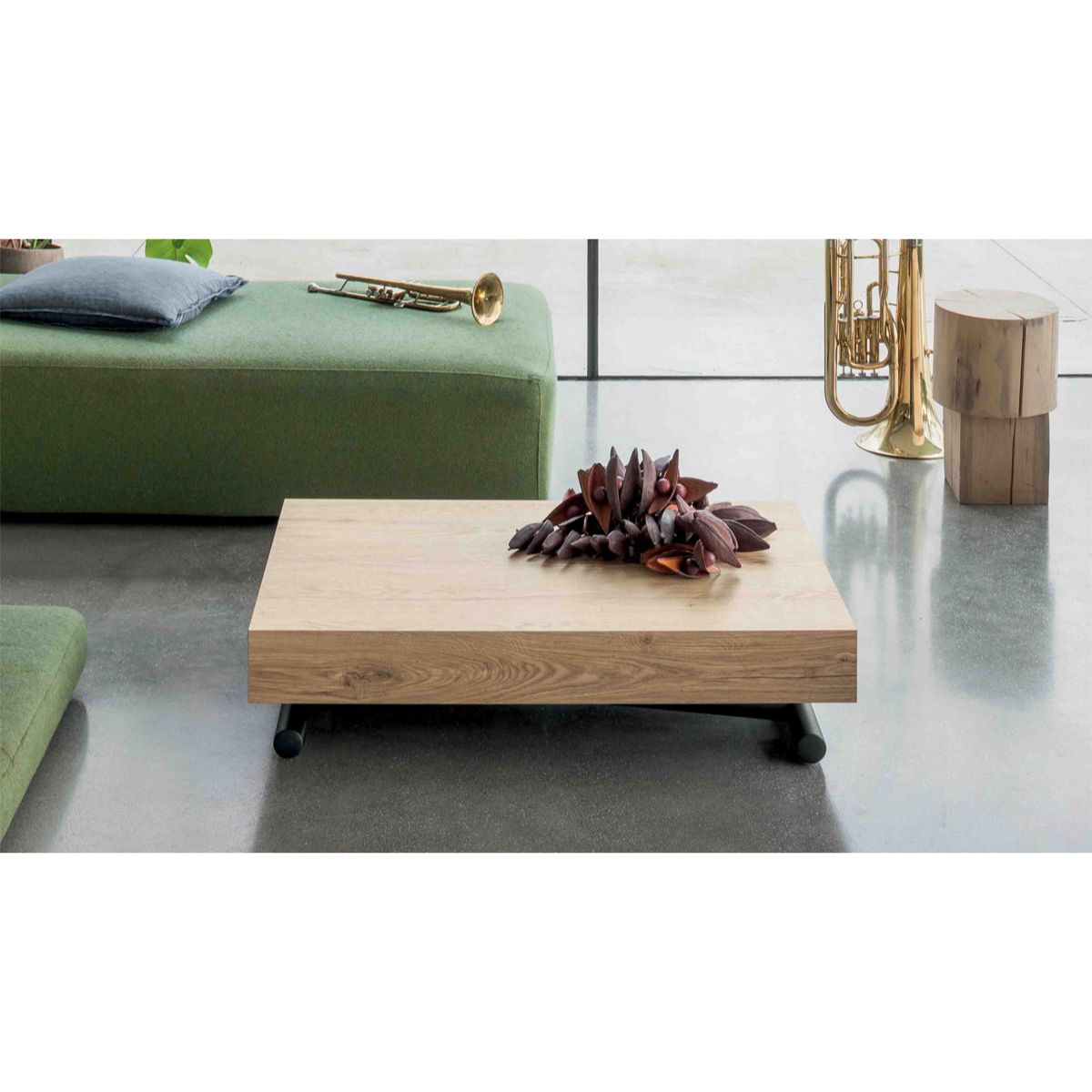Compact convertible table by Altacom in fully lowered position showing minimal height coffee table design