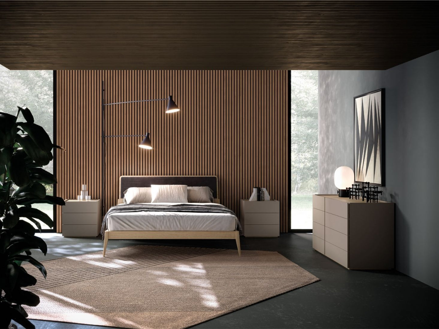 Modern bedroom with wooden bed, side tables, and dresser.