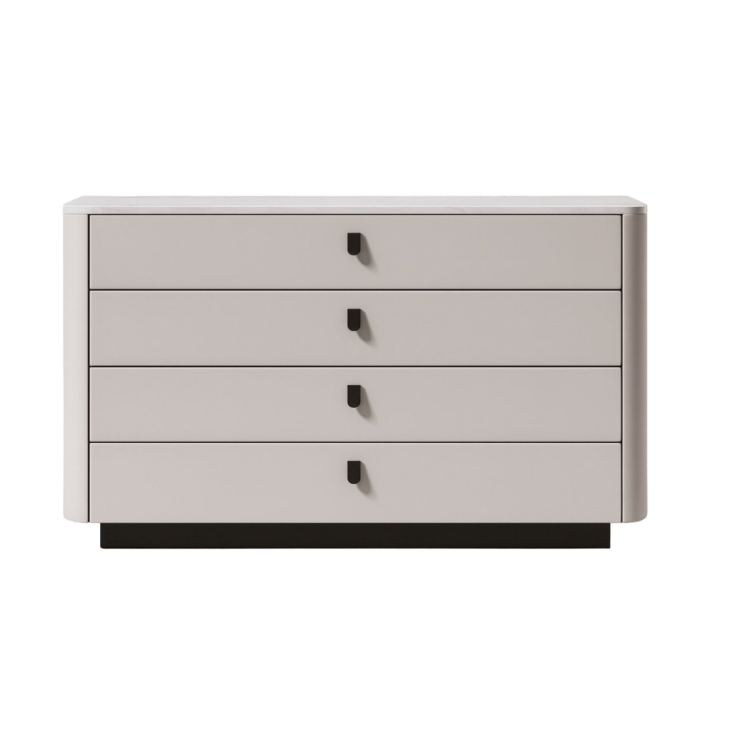 Beige dresser with four drawers on a white background