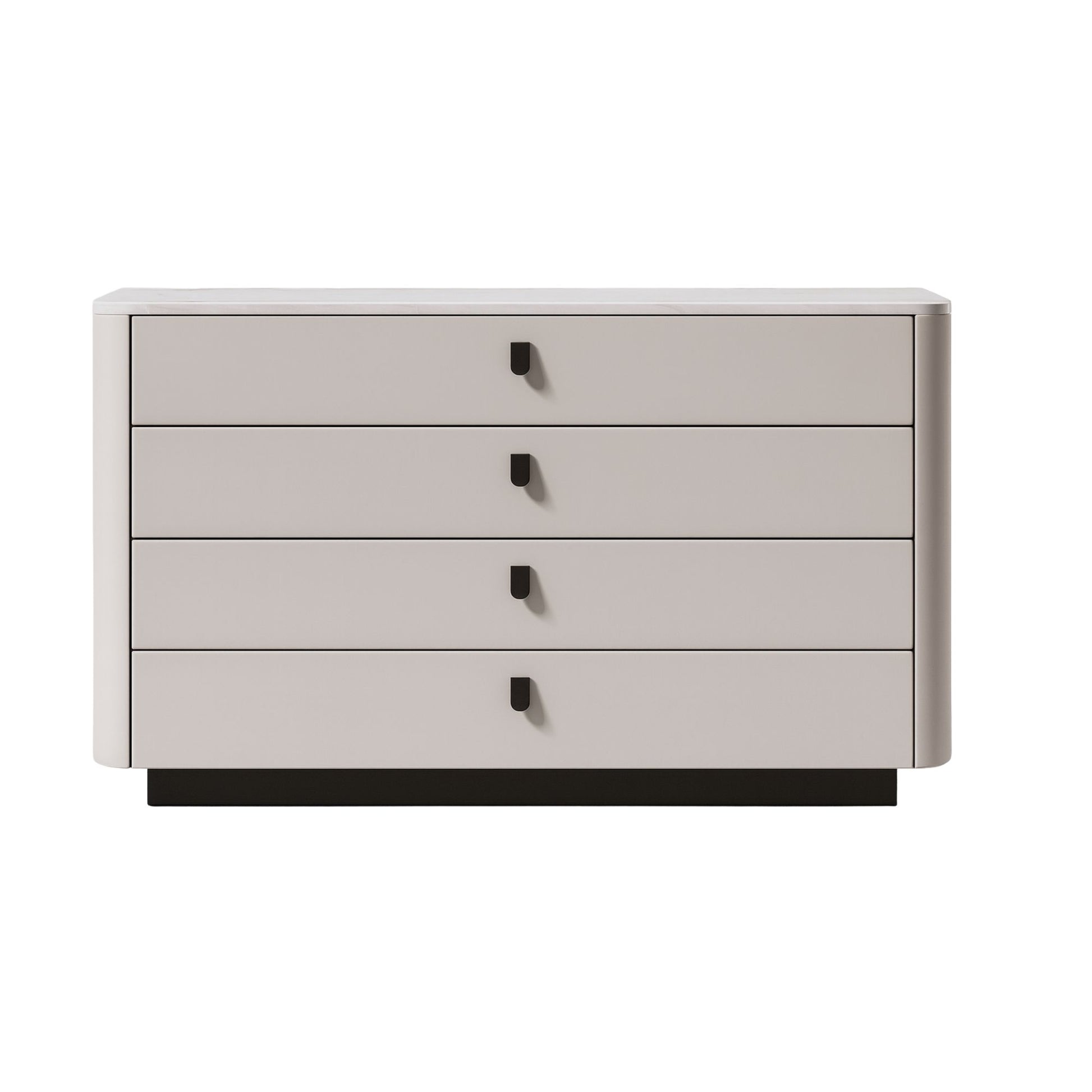 Beige dresser with four drawers on a white background