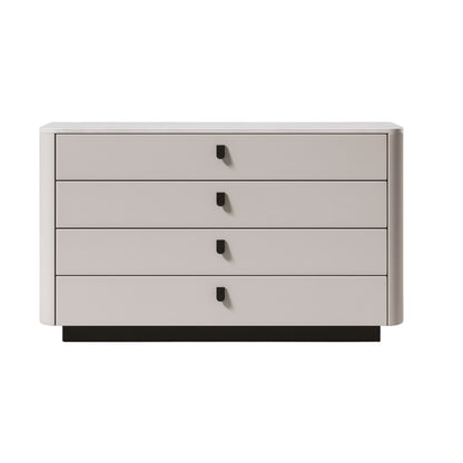 Beige dresser with four drawers on a white background