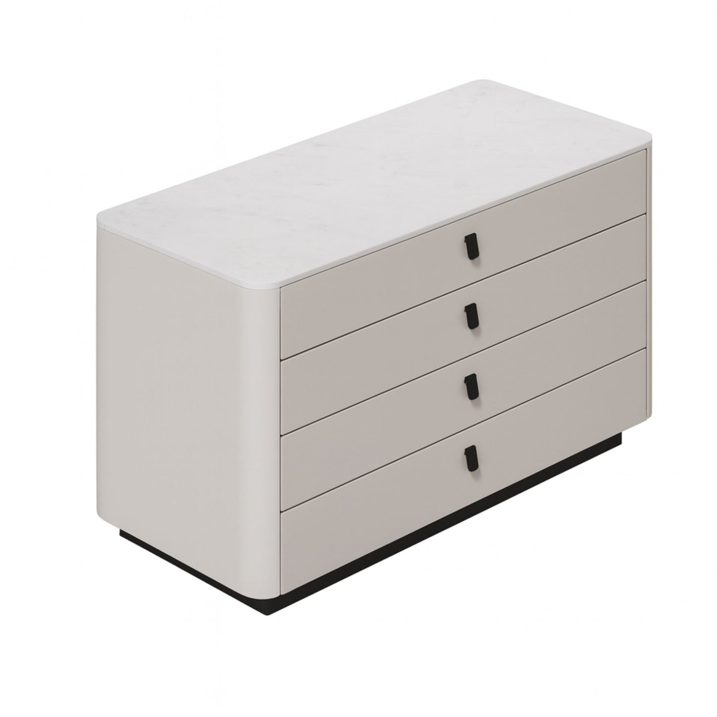 Beige dresser with four drawers on a white background