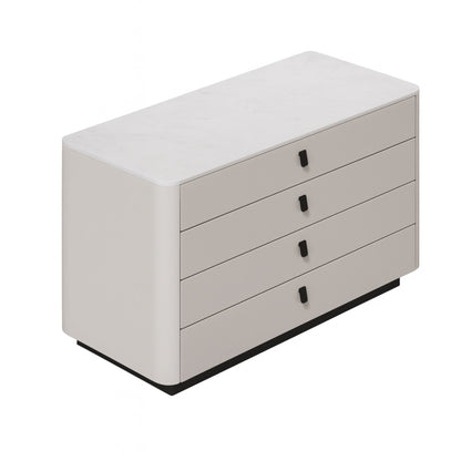 Beige dresser with four drawers on a white background