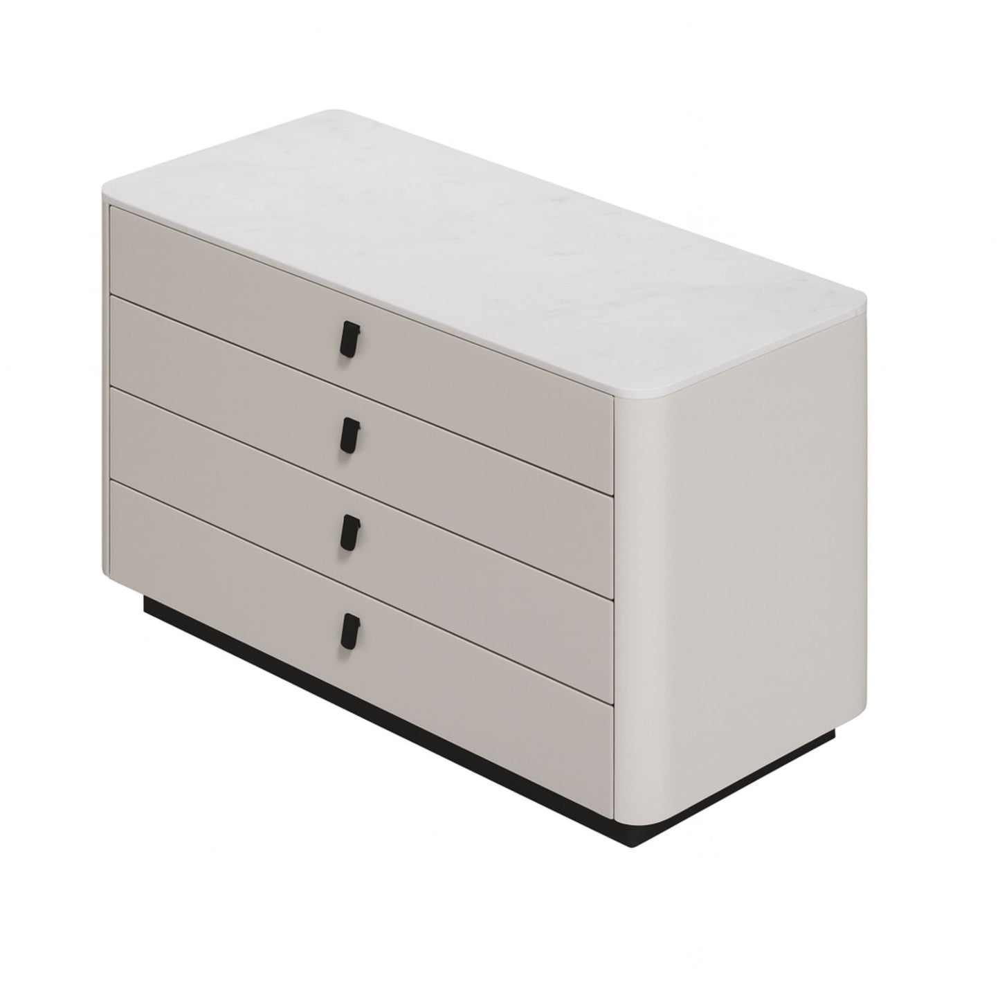 Beige dresser with four drawers on a white background