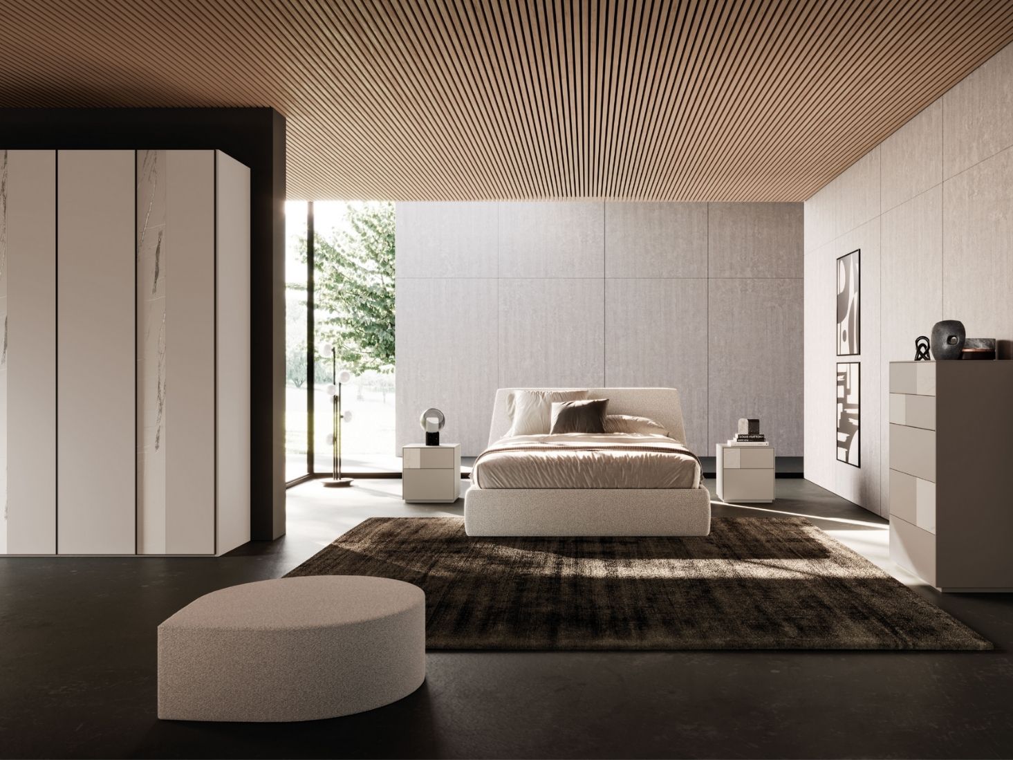 Modern bedroom with a bed, rug, and side tables in a stylish interior.