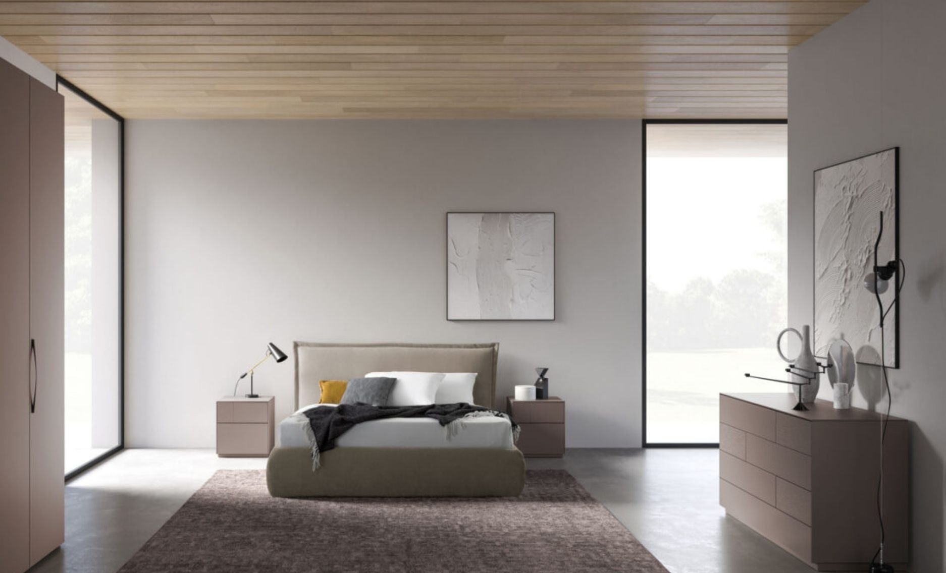 Modern bedroom with a bed, nightstands, and wall art.