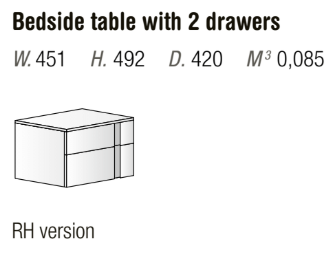 Bedside table with two drawers dimensions and description on a white background