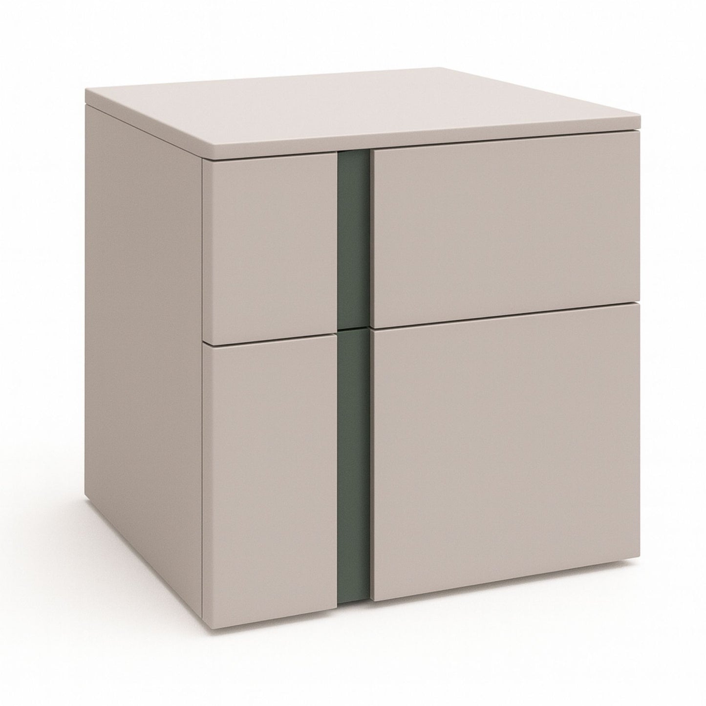 Beige cabinet with two drawers and a green strip on a white background