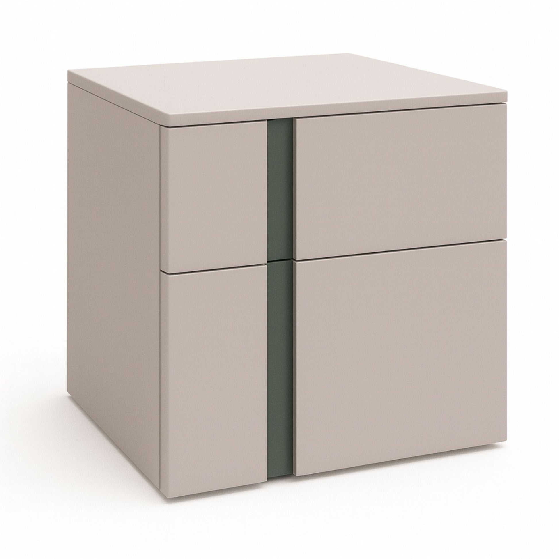 Beige cabinet with two drawers and a green strip on a white background