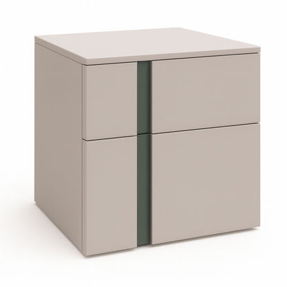 Beige cabinet with two drawers and a green strip on a white background