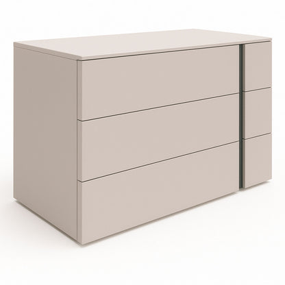 Beige dresser with four drawers on a white background