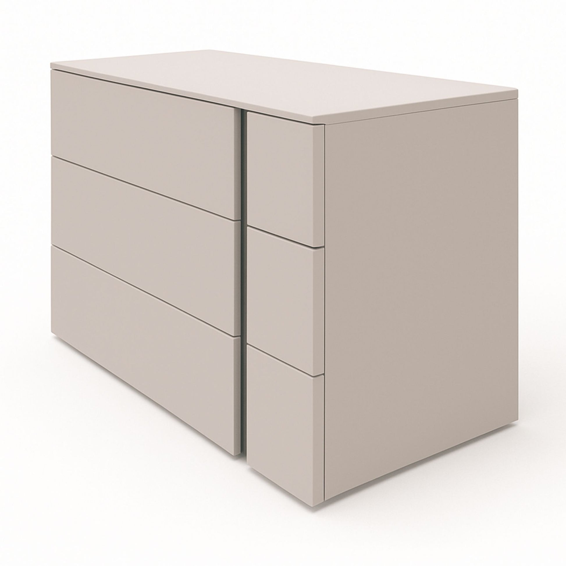 Beige dresser with multiple drawers on a white background