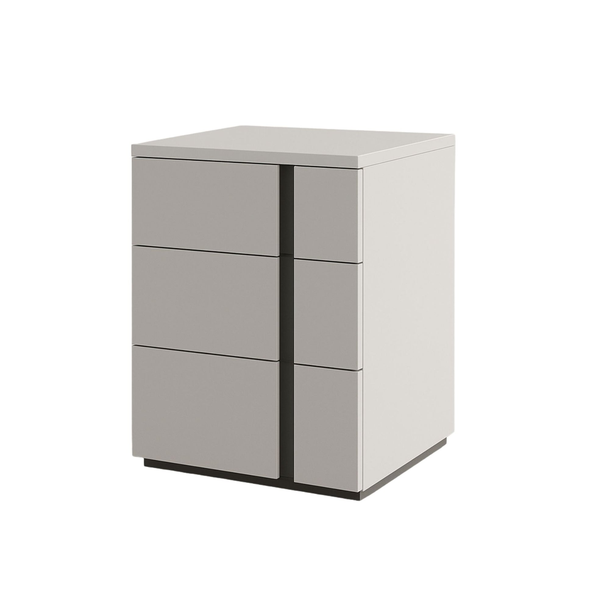 White and gray cabinet with three drawers on a white background