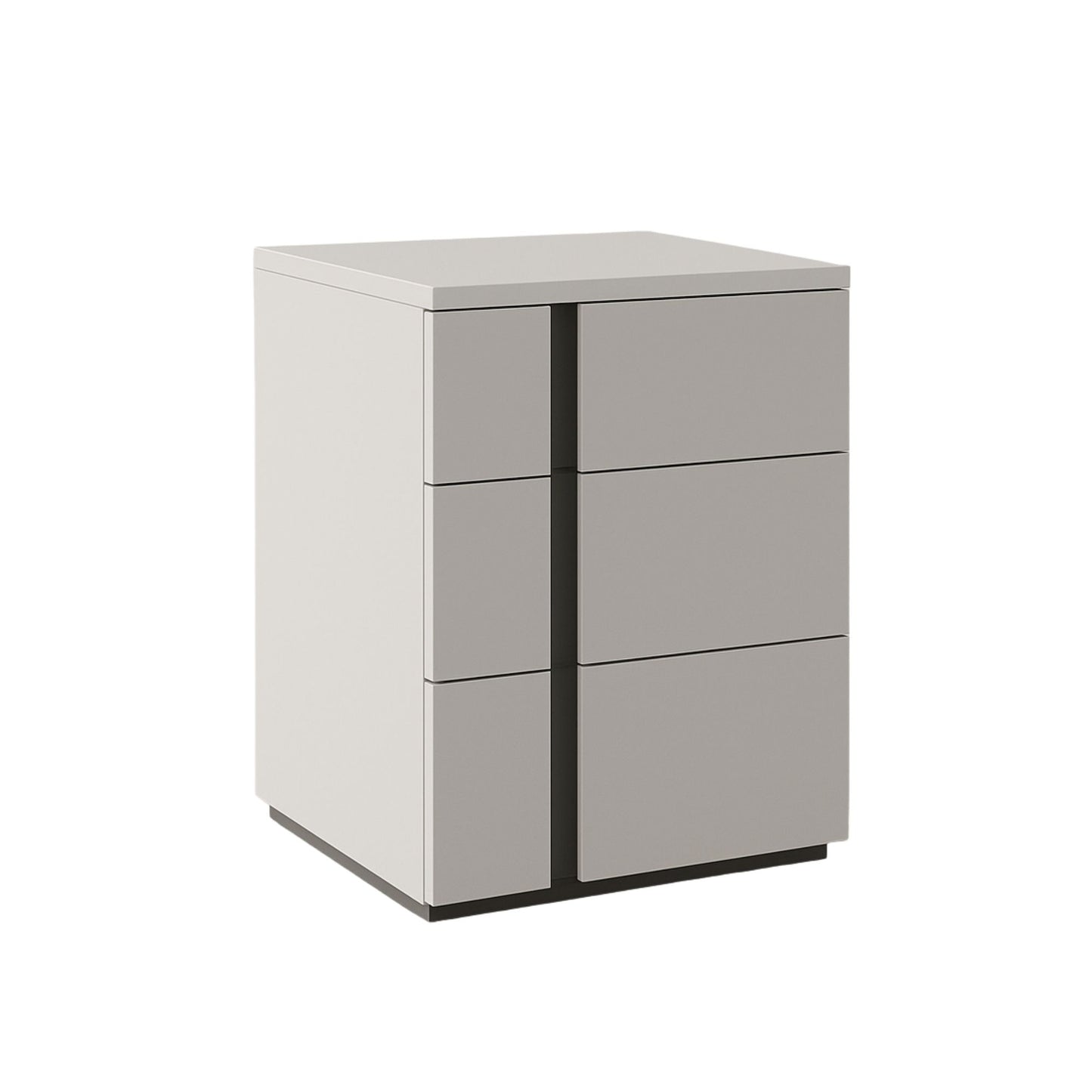White and gray cabinet with four drawers on a white background