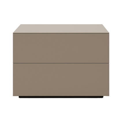 Beige nightstand with two drawers on a white background