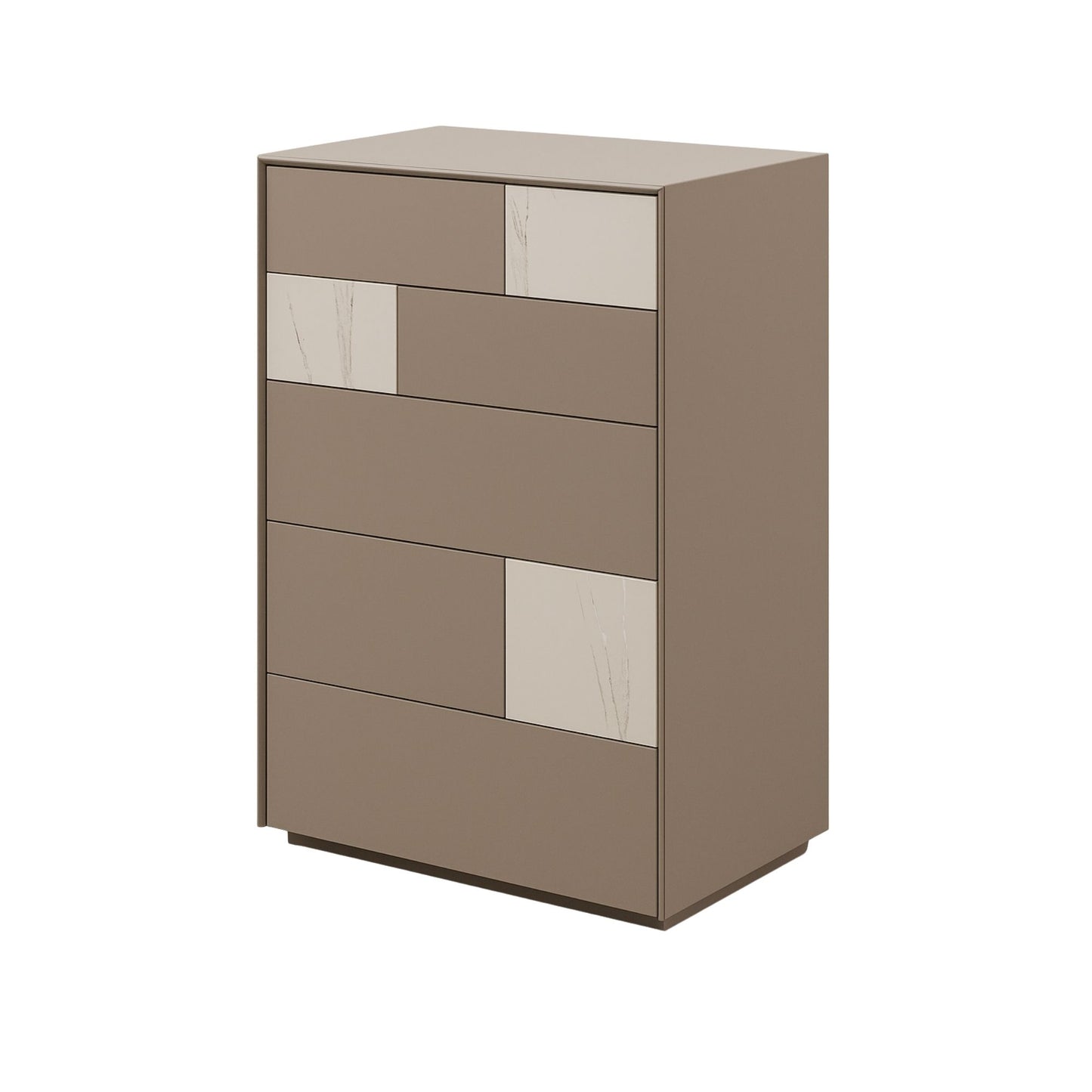 Beige dresser with glass panels on a white background