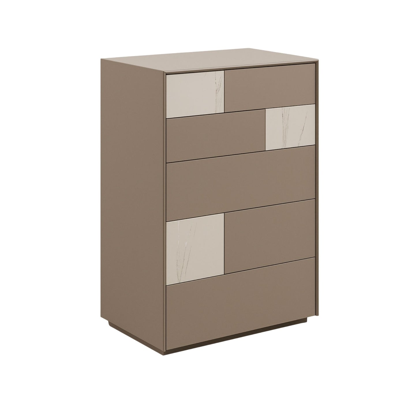 Beige chest of drawers with glass panels on a white background