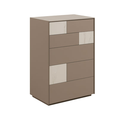 Beige chest of drawers with glass panels on a white background