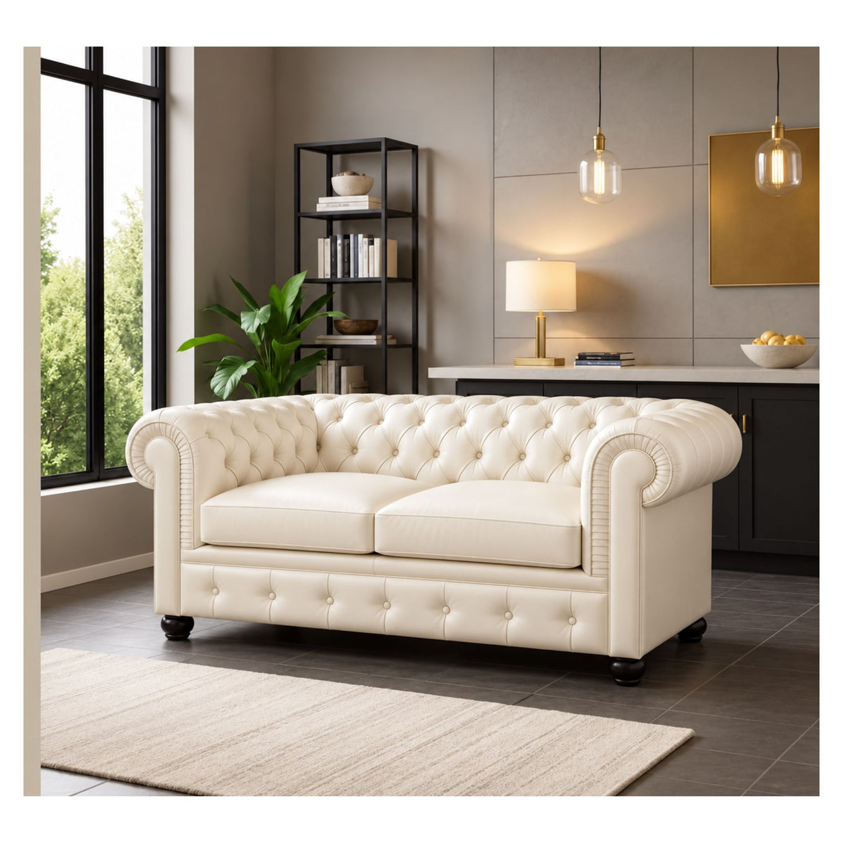 Cream Chesterfield style sofa with button tufting and rolled arms in a contemporary living room