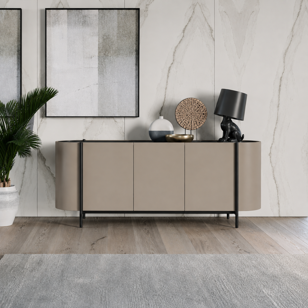Dall'Agnese Supernova modern sideboard cabinet in a warm taupe-beige finish with a black metal frame, styled in a contemporary room with a marble wall, framed art, a potted plant, and decorative objects on top.