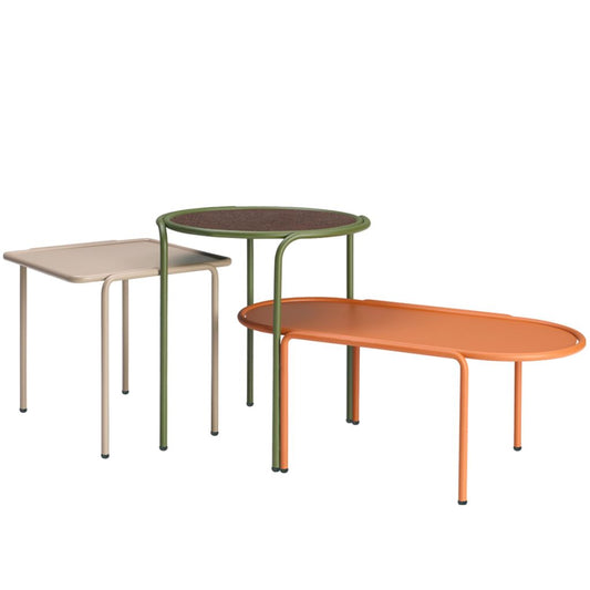 S•CAB Dress Code coffee table collection featuring oval, round, and square tables in complementary contemporary finishes.