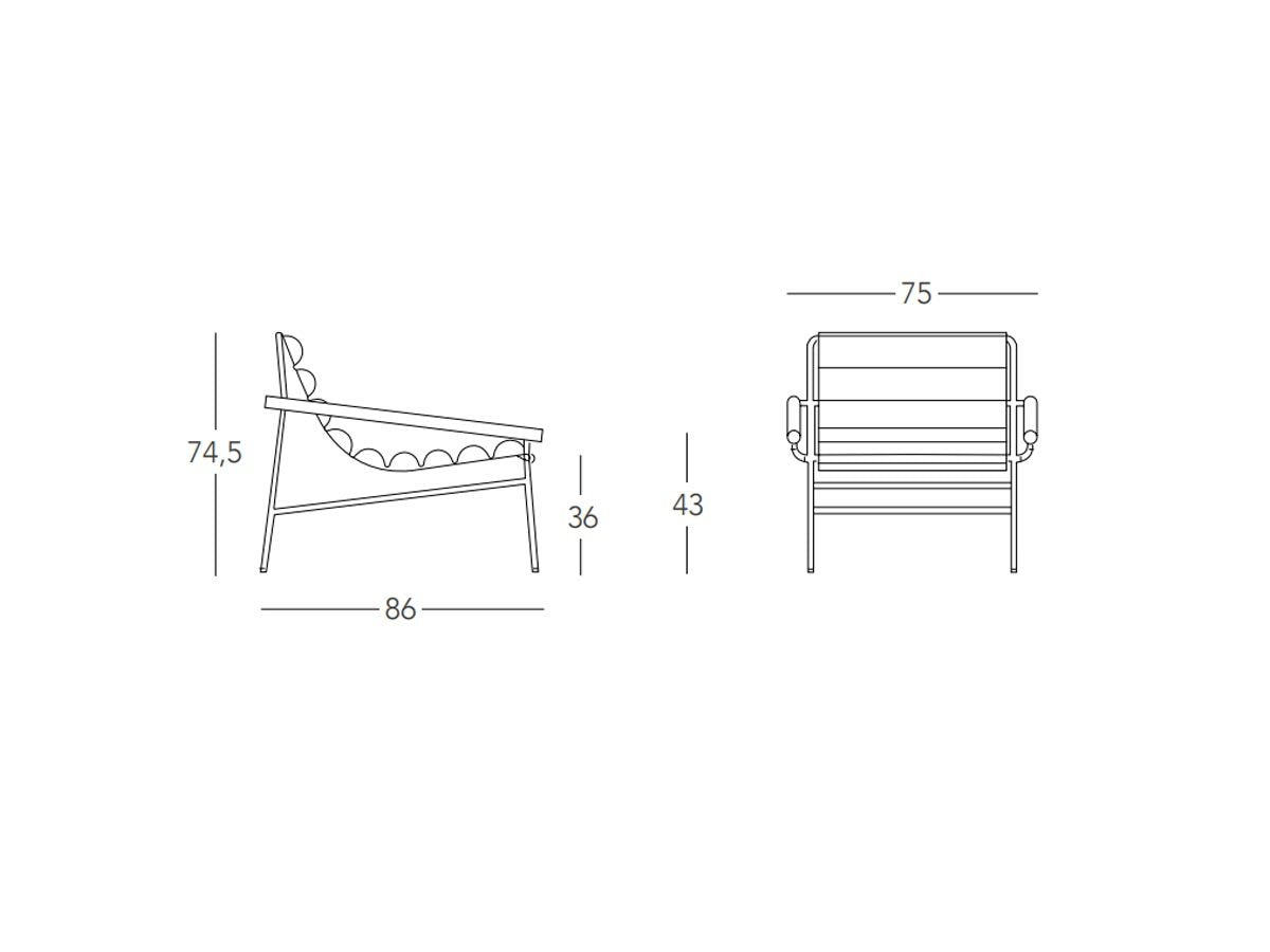 Technical drawing of the Dress Code Fashion lounge chair showing front and side views with overall dimensions and seat height.