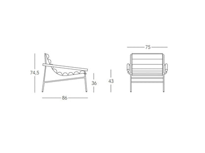Technical drawing of the Dress Code Fashion lounge chair showing front and side views with overall dimensions and seat height.